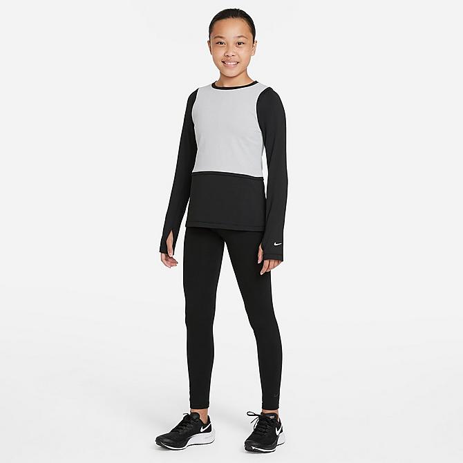 Back Left view of Girls' Nike Pro Warm Dri-FIT Long-Sleeve Top in Light Smoke Grey/Black/White Click to zoom