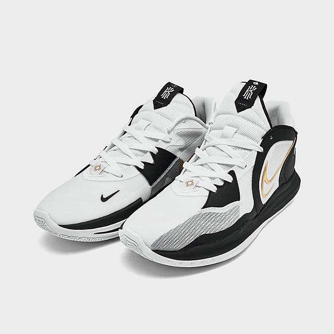 Three Quarter view of Nike Kyrie 5 Low Basketball Shoes in White/Metallic Gold/Black Click to zoom