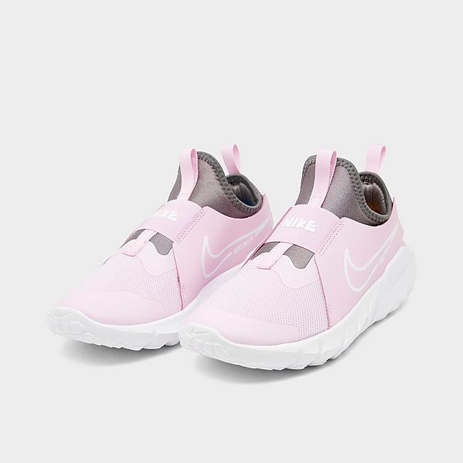 Three Quarter view of Girls' Big Kids' Nike Flex Runner 2 Running Shoes in Pink Foam/White/Flat Pewter/Photo Blue Click to zoom