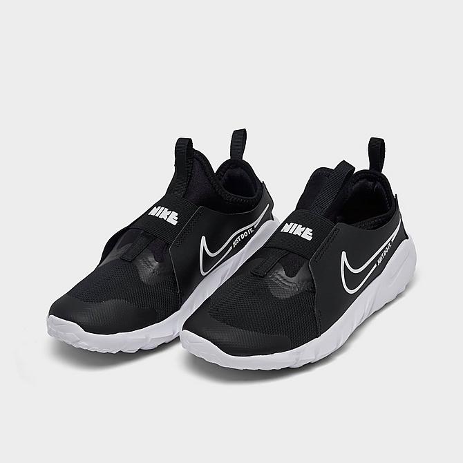 Three Quarter view of Big Kids' Nike Flex Runner 2 Running Shoes in Black/White/Photo Blue/University Gold Click to zoom