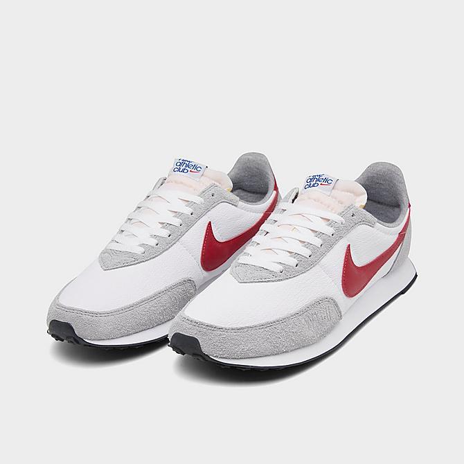 Three Quarter view of Men's Nike Waffle Trainer 2 Nike Athletic Club Casual Shoes in White/Light Smoke Grey/Hyper Royal/Gym Red Click to zoom