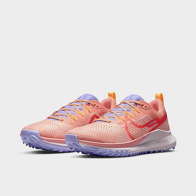 Three Quarter view of Women's Nike React Pegasus Trail 4 Trail Running Shoes in Arctic Orange/Magic Ember/Light Madder Root/Purple Pulse/Melon Tint/Venice Click to zoom