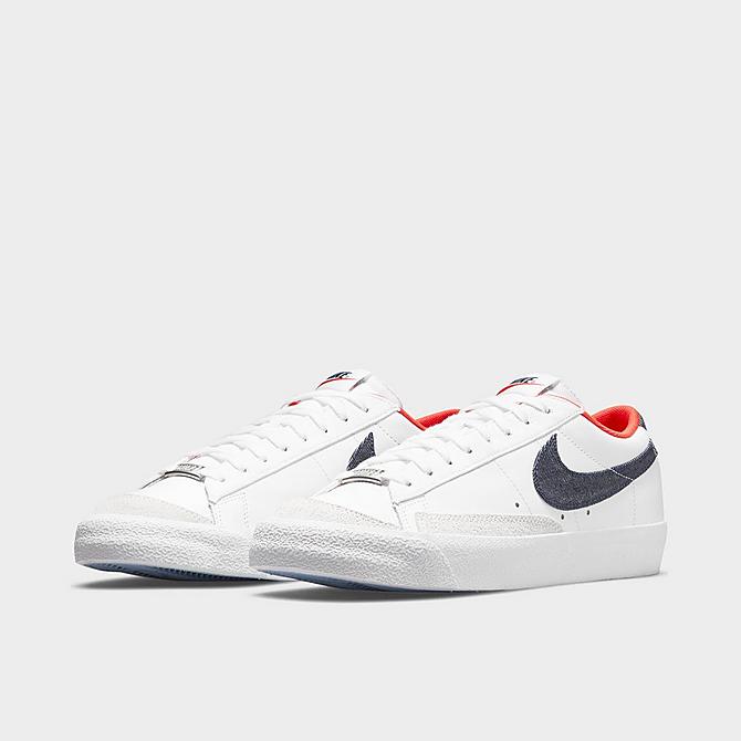 Three Quarter view of Men's Nike Blazer Low '77 Vintage Denim Casual Shoes in White/Midnight Navy/Chile Red Click to zoom