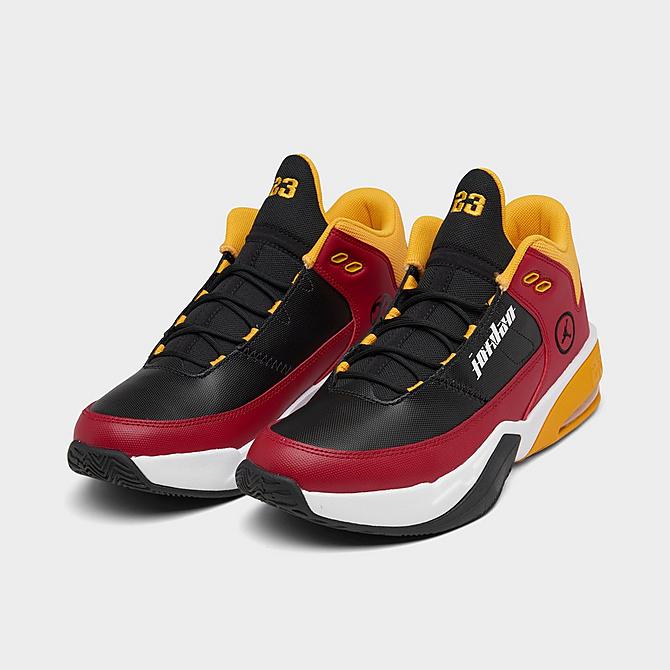 Three Quarter view of Big Kids' Jordan Max Aura 3 SE Basketball Shoes in Gym Red/Black/University Gold Click to zoom