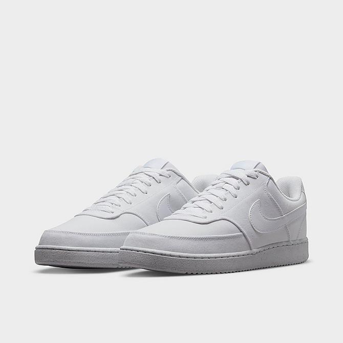 Three Quarter view of Men's Nike Court Vision Low Canvas Casual Shoes in White/White/White Click to zoom