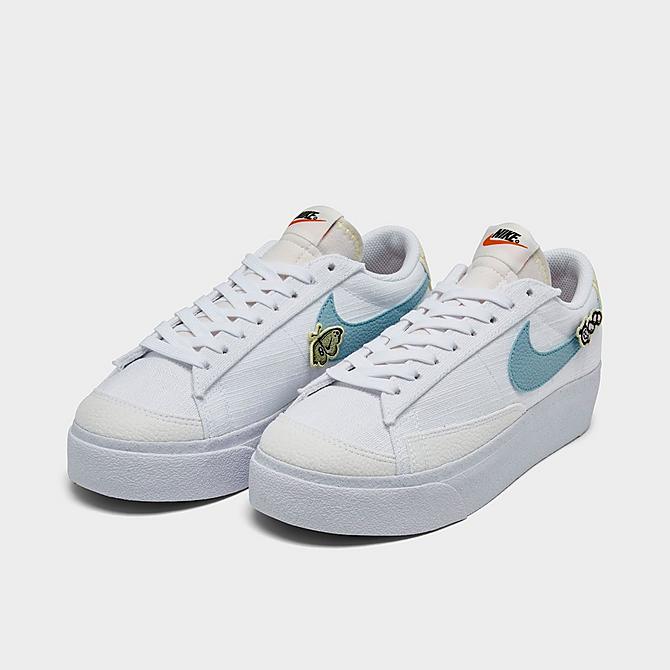 Three Quarter view of Women's Nike Blazer Low Platform Next Nature SE Casual Shoes in White/Blue/Pink Oxford Click to zoom