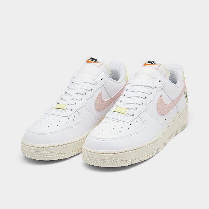 Three Quarter view of Women's Nike Air Force 1 '07 SE Air Sprung Casual Shoes in White/Pink Oxford/Blue/Citron Tint Click to zoom