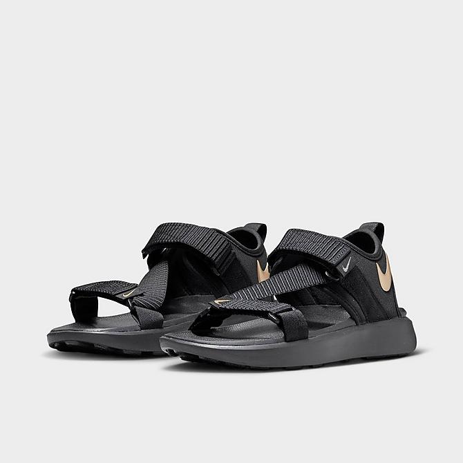 Three Quarter view of Women's Nike Vista Casual Sandals in Black/Metallic Gold/Black Click to zoom