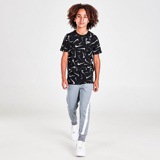 Front Three Quarter view of Boys' Nike Allover Print Swooshfetti T-Shirt Click to zoom