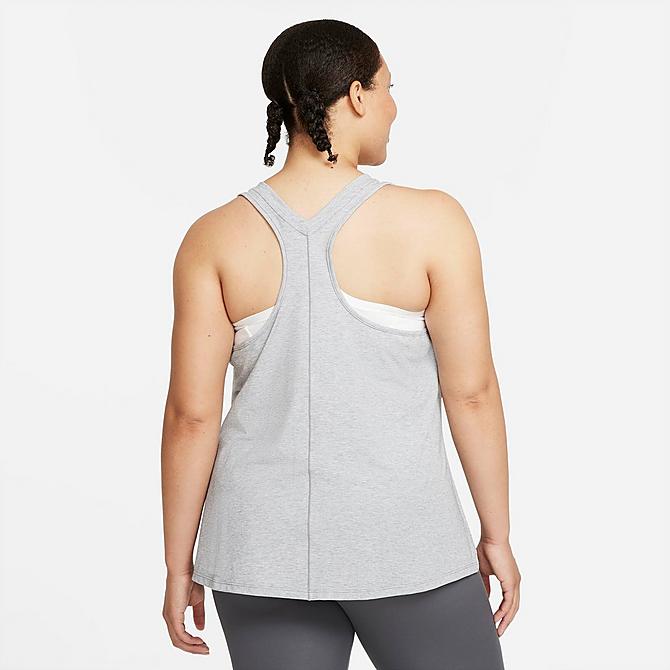 Front Three Quarter view of Women's Nike Dri-FIT One Luxe Training Tank (Plus Size) in Particle Grey/Heather/Reflective Silver Click to zoom