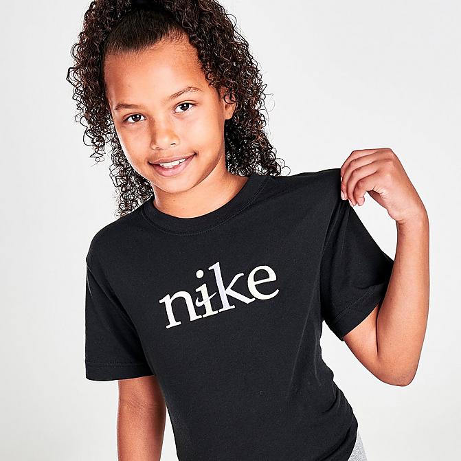 Front view of Girls' Nike Sportswear Embroidered Logo Boyfriend T-Shirt in Black Click to zoom