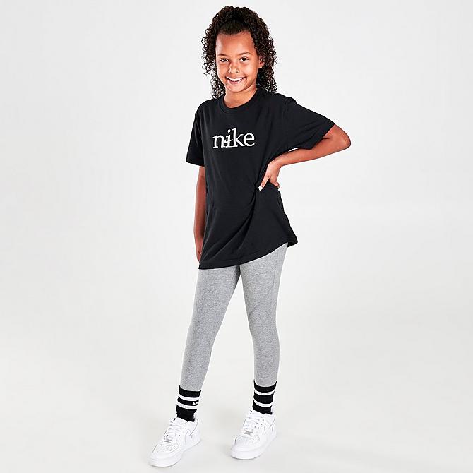 Front Three Quarter view of Girls' Nike Sportswear Embroidered Logo Boyfriend T-Shirt in Black Click to zoom