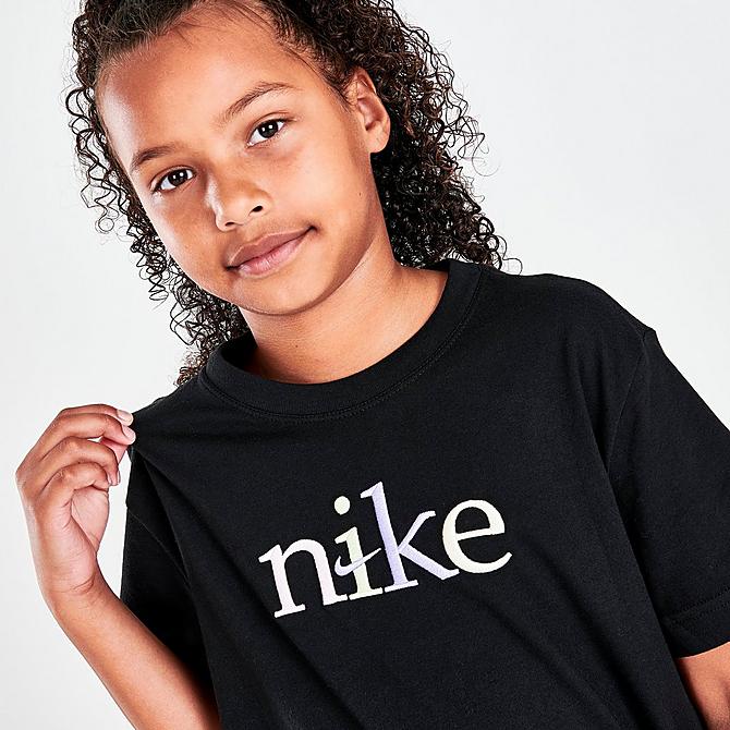 On Model 5 view of Girls' Nike Sportswear Embroidered Logo Boyfriend T-Shirt in Black Click to zoom