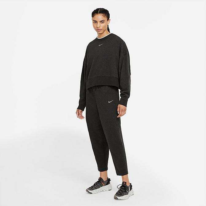 Front view of Women's Nike Sportswear Collection Essentials Curve Recycled French Terry Jogger Pants in Black Heather/White Click to zoom