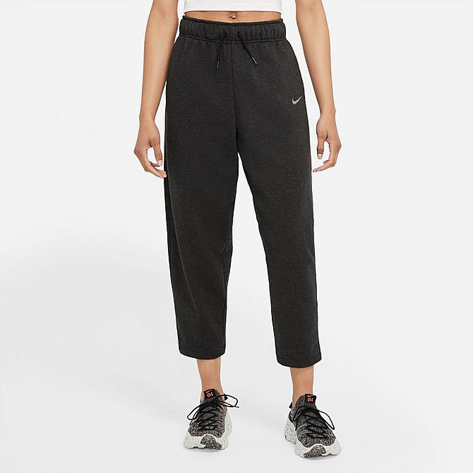 Front Three Quarter view of Women's Nike Sportswear Collection Essentials Curve Recycled French Terry Jogger Pants in Black Heather/White Click to zoom