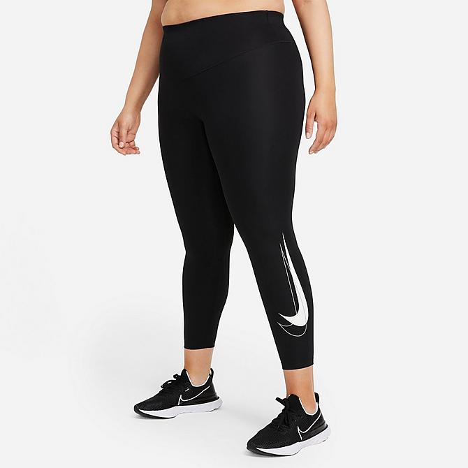 Front Three Quarter view of Women's Nike Dri-FIT Swoosh Run Mid-Rise Cropped Running Leggings (Plus Size) in Black/White Click to zoom