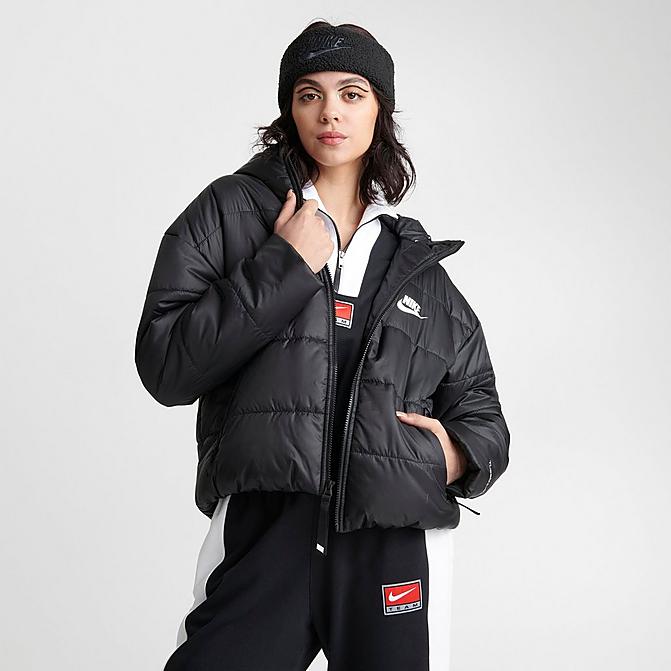 Front view of Women's Nike Sportswear Therma-FIT Repel Hooded Classic Puffer Jacket in Black/Black/White Click to zoom