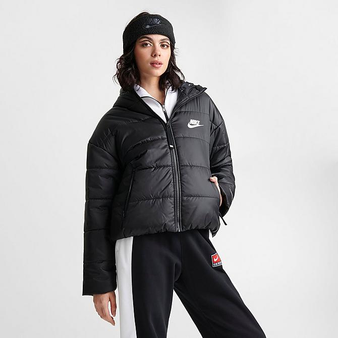 Back Left view of Women's Nike Sportswear Therma-FIT Repel Hooded Classic Puffer Jacket in Black/Black/White Click to zoom