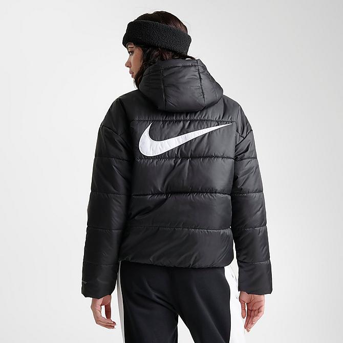 Back Right view of Women's Nike Sportswear Therma-FIT Repel Hooded Classic Puffer Jacket in Black/Black/White Click to zoom