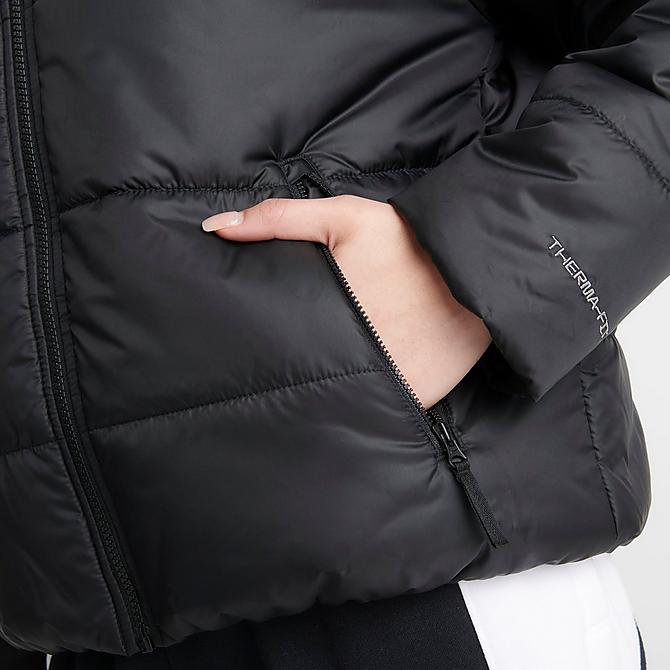 On Model 6 view of Women's Nike Sportswear Therma-FIT Repel Hooded Classic Puffer Jacket in Black/Black/White Click to zoom