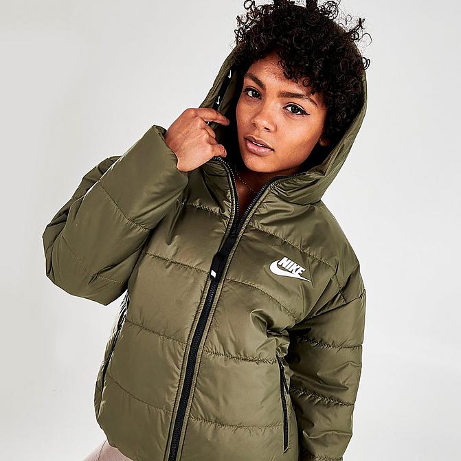 Front view of Women's Nike Sportswear Therma-FIT Repel Hooded Classic Puffer Jacket in Medium Olive/Black/White Click to zoom