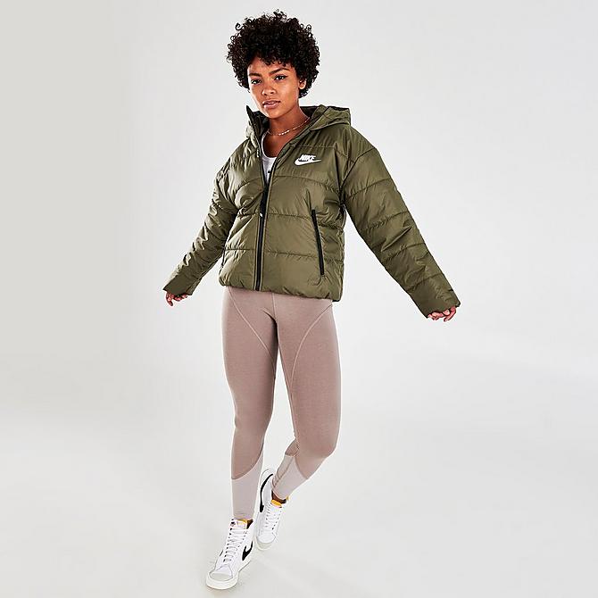Front Three Quarter view of Women's Nike Sportswear Therma-FIT Repel Hooded Classic Puffer Jacket in Medium Olive/Black/White Click to zoom
