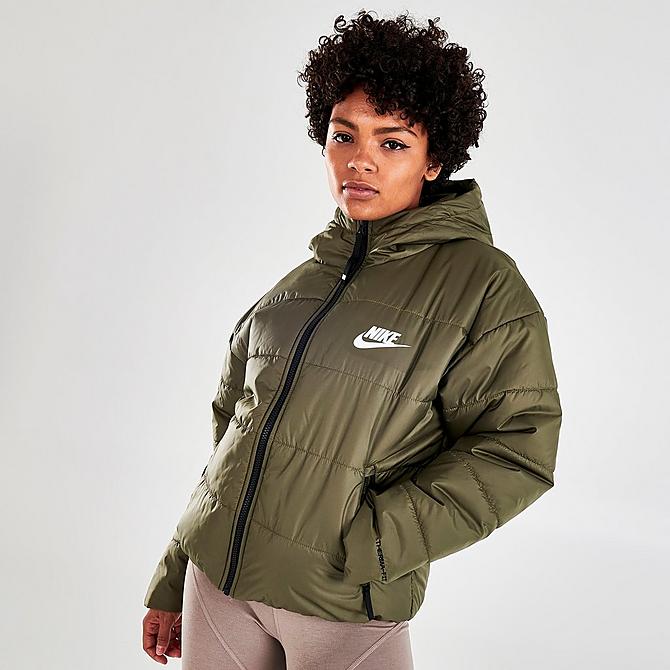 Back Left view of Women's Nike Sportswear Therma-FIT Repel Hooded Classic Puffer Jacket in Medium Olive/Black/White Click to zoom