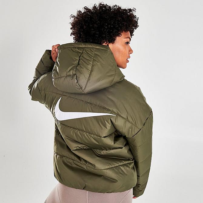 Back Right view of Women's Nike Sportswear Therma-FIT Repel Hooded Classic Puffer Jacket in Medium Olive/Black/White Click to zoom