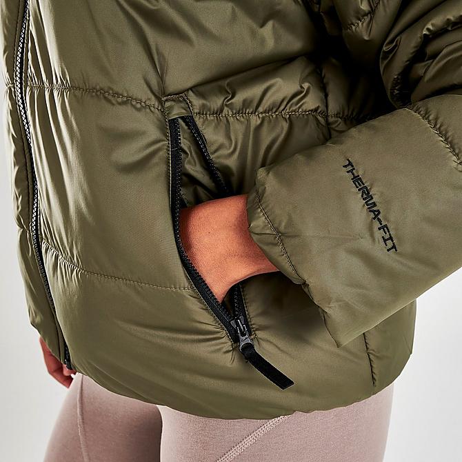 On Model 5 view of Women's Nike Sportswear Therma-FIT Repel Hooded Classic Puffer Jacket in Medium Olive/Black/White Click to zoom