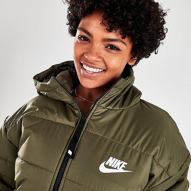 On Model 6 view of Women's Nike Sportswear Therma-FIT Repel Hooded Classic Puffer Jacket in Medium Olive/Black/White Click to zoom