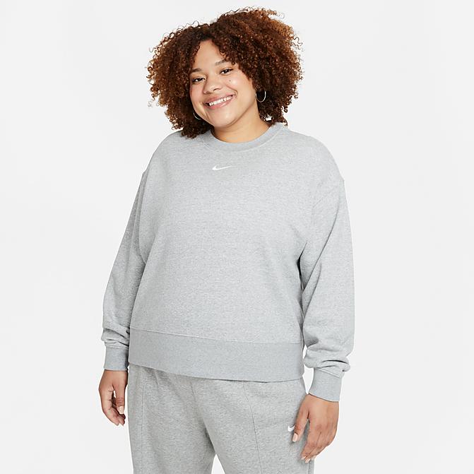 Front view of Women's Nike Sportswear Collection Essentials Oversized Fleece Crewneck Sweatshirt in Dark Grey Heather/Base Grey/White Click to zoom