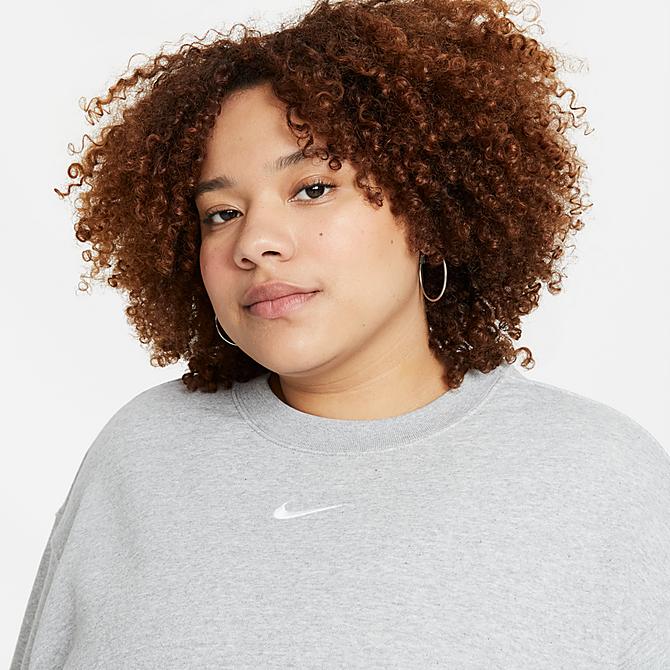 Back Right view of Women's Nike Sportswear Collection Essentials Oversized Fleece Crewneck Sweatshirt in Dark Grey Heather/Base Grey/White Click to zoom