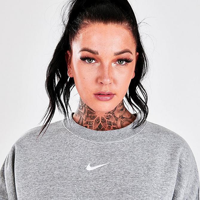 On Model 5 view of Women's Nike Sportswear Collection Essentials Oversized Fleece Crewneck Sweatshirt in Dark Grey Heather/Base Grey/White Click to zoom