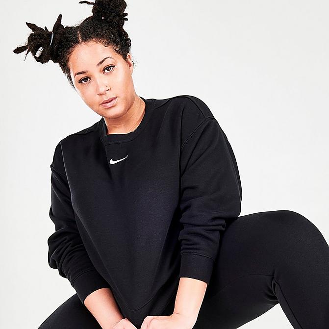 Front view of Women's Nike Sportswear Collection Essentials Fleece Crewneck Sweatshirt (Plus Size) in Black/White Click to zoom