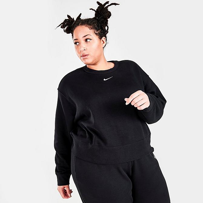 Back Left view of Women's Nike Sportswear Collection Essentials Fleece Crewneck Sweatshirt (Plus Size) in Black/White Click to zoom
