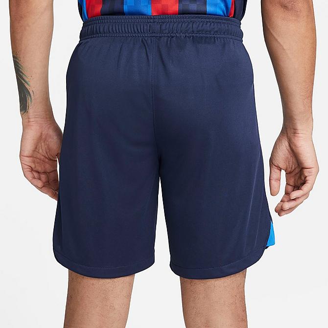 [angle] view of Men's Nike FC Barcelona Dri-FIT Stadium Home Soccer Shorts in Obsidian/University Red/University Red/Sesame Click to zoom