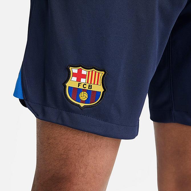[angle] view of Men's Nike FC Barcelona Dri-FIT Stadium Home Soccer Shorts in Obsidian/University Red/University Red/Sesame Click to zoom