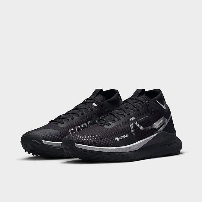 Three Quarter view of Women's Nike React Pegasus Trail 4 GORE-TEX Waterproof Trail Running Shoes in Black/Wolf Grey/Reflect Silver Click to zoom