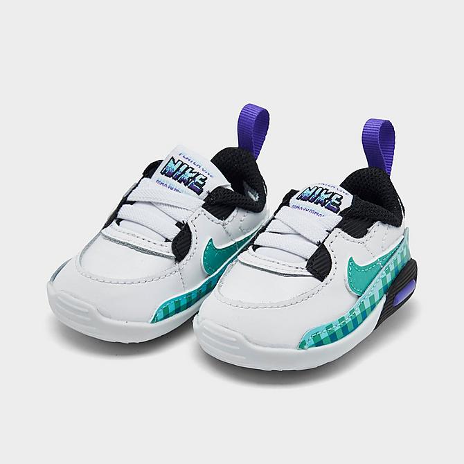 Three Quarter view of Infant Nike Max 90 Crib SE Crib Booties in White/Black/Psychic Purple/Washed Teal Click to zoom