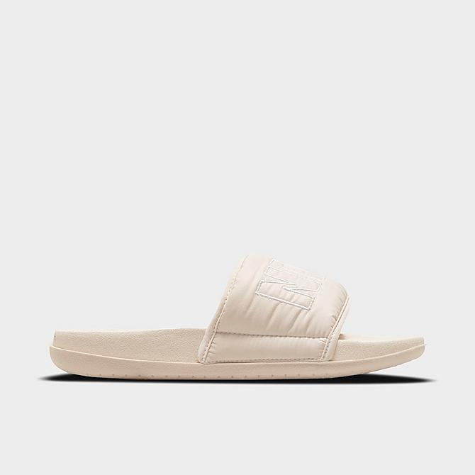 Front view of Women's Nike OffCourt SE Luxury Slide Sandals in Light Orewood Brown/Light Orewood Brown/Aura Click to zoom