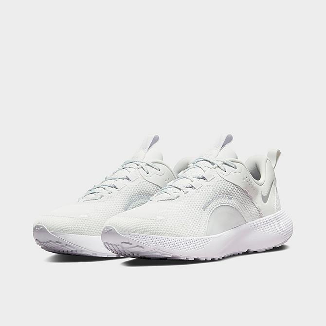 Three Quarter view of Women's Nike React Escape Run 2 Running Shoes in Off White/White/Iris Whisper/Metallic Silver Click to zoom