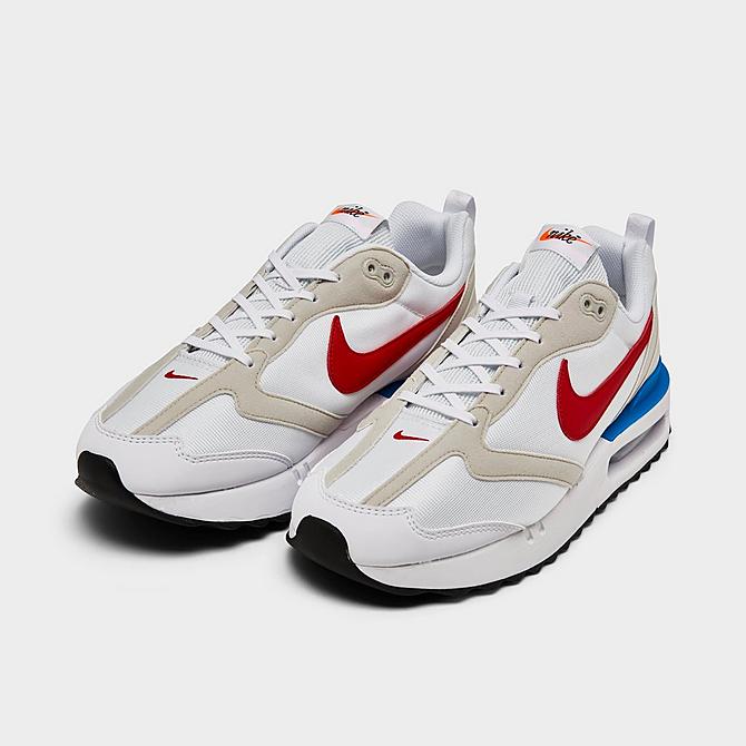 Three Quarter view of Men's Nike Air Max Dawn Next Nature Casual Shoes in White/Photo Blue/Black/Red Click to zoom