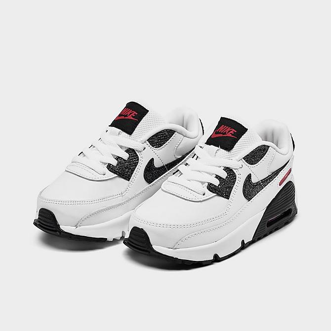 Three Quarter view of Girls' Toddler Nike Air Max 90 LTR SE Casual Shoes in White/Very Berry/Black Click to zoom