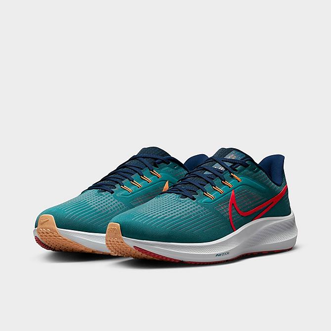 Three Quarter view of Men's Nike Air Zoom Pegasus 39 Running Shoes (Extra Wide Width 4E) in Bright Spruce/Valerian Blue/Cerulean/Light Crimson Click to zoom