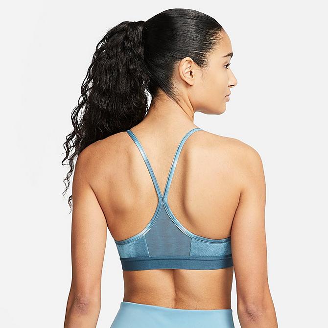 Front Three Quarter view of Women's Nike Dri-FIT Indy Allover Print Light-Support Padded Sports Bra in Ash Green/Rush Orange/Ash Green/Clear Click to zoom