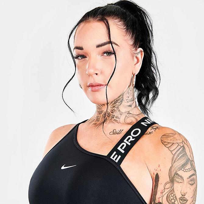 On Model 5 view of Women's Nike Pro Dri-FIT Swoosh Asymmetrical Medium-Support Sports Bra in Black/Particle Grey/White Click to zoom