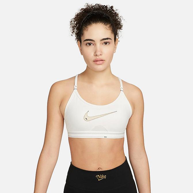 Front view of Women's Nike Dri-FIT Indy Padded Graphic Light-Support Sports Bra in Phantom/Black/Black/Sanddrift Click to zoom