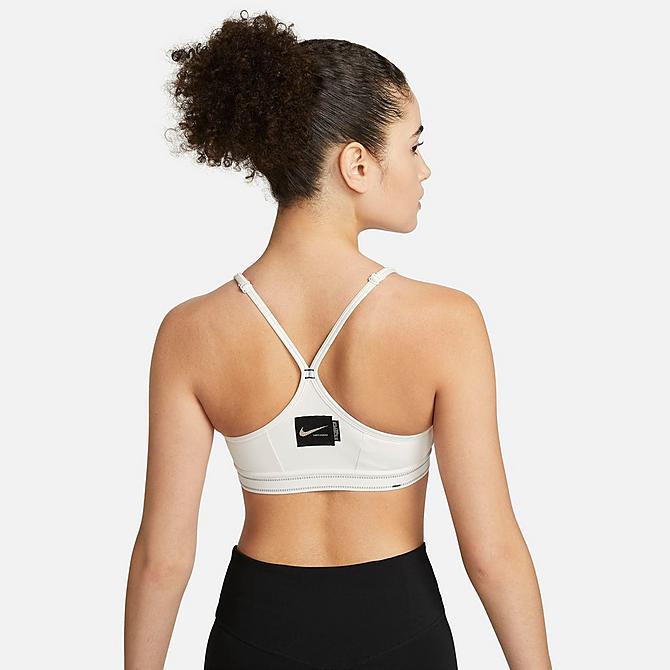 Front Three Quarter view of Women's Nike Dri-FIT Indy Padded Graphic Light-Support Sports Bra in Phantom/Black/Black/Sanddrift Click to zoom