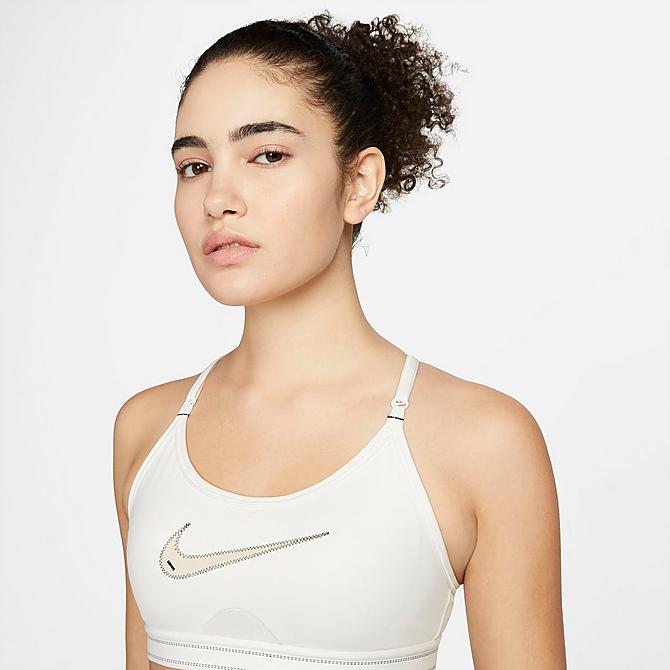 Back Right view of Women's Nike Dri-FIT Indy Padded Graphic Light-Support Sports Bra in Phantom/Black/Black/Sanddrift Click to zoom