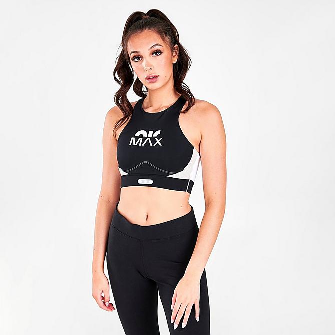 Front view of Women's Nike Dri-FIT Swoosh Air Max Medium-Support Padded Sports Bra in Black/White/Light Iron Ore/White Click to zoom